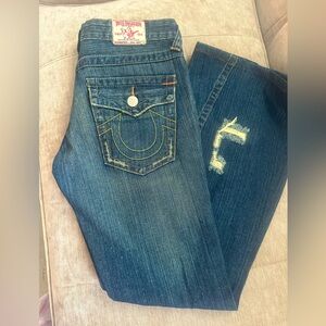 True Religion mid rise bell bottom distressed denim jeans